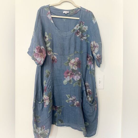 VASNA Linen Floral Blue Multicolor Short Roll Up Sleeve Front Pockets Dress M - Picture 1 of 6